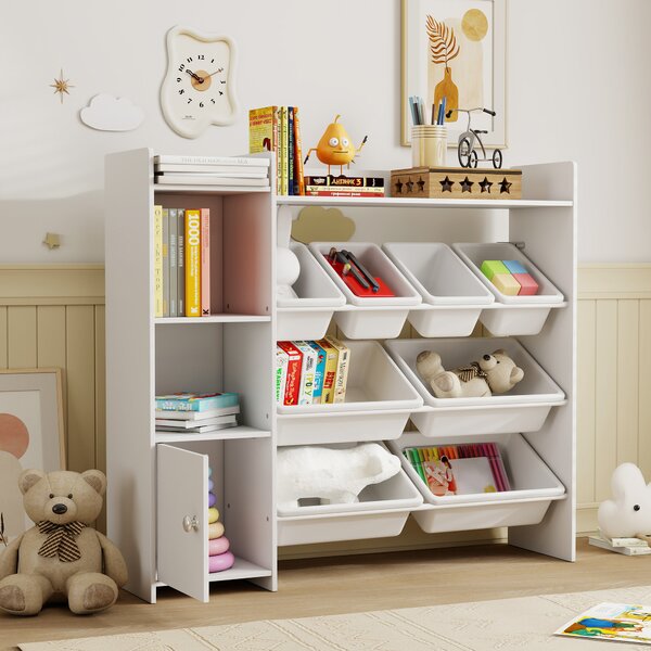 AIYAPLAY Mobile contenitore per bambini 3-8 anni con 8 vaschette, scaffali e armadietto, bianco | Aosom Italy