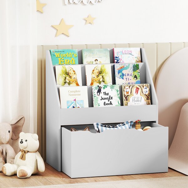 AIYAPLAY Libreria per bambini con 3 ripiani e cassetto, 62,5x30x70 cm, grigio | Aosom Italy