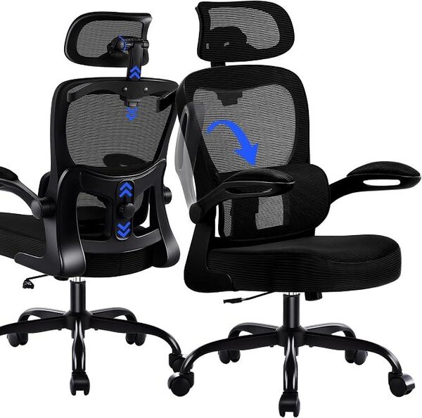 Sedia da ufficio ergonomica con poggiatesta, supporto lombare regolabile e rivestimento in rete, sedia girevole regolabile in altezza fino a 150 kg, ideale per ufficio e smart working, colore nero