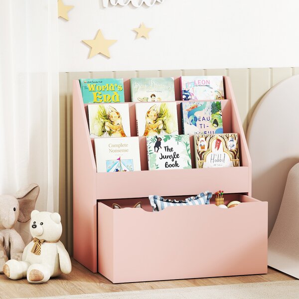 AIYAPLAY Libreria per bambini con 3 ripiani e cassetto, 62,5x30x70 cm, rosa | Aosom Italy