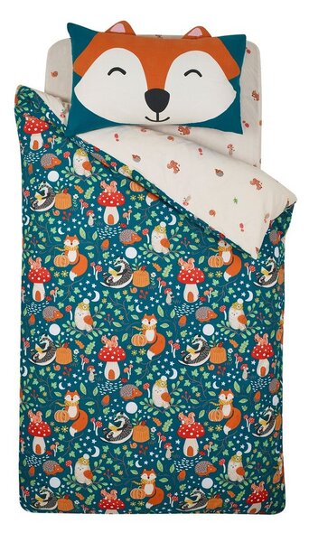 Set copripiumino e federa da bambini verde e beige per letto singolo 135x200 cm Fox and Woodland Friends – Catherine Lansfield