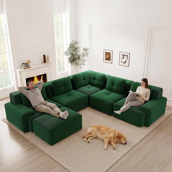 Divano angolare modulare in tessuto Cord, divano a 5 posti con poggiapiedi, divano senza struttura in legno, colore verde, dimensioni 295x295 cm, consegna senza montaggio, ideale per il soggiorno