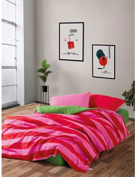Set copripiumino e federa verde/rosa in cotone renforcé per letto matrimoniale/per letto esteso con lenzuolo incluso/4 pezzi 200x220 cm Cherie – Mijolnir