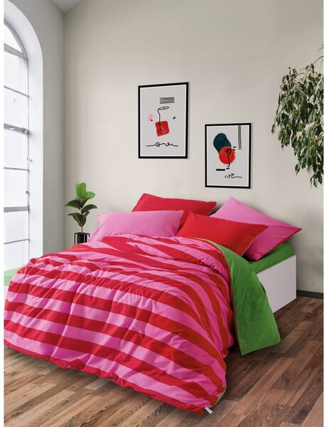 Set copripiumino e federa verde/rosa in cotone renforcé per letto matrimoniale/per letto esteso con lenzuolo incluso/4 pezzi 200x220 cm Cherie – Mijolnir