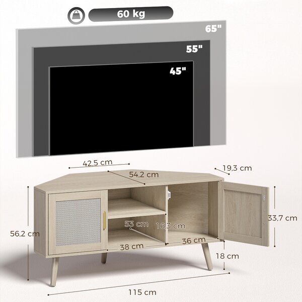 HOMCOM Mobile TV angolare 115 cm con 2 ante in rattan e 2 scomparti, rovere | Aosom Italy