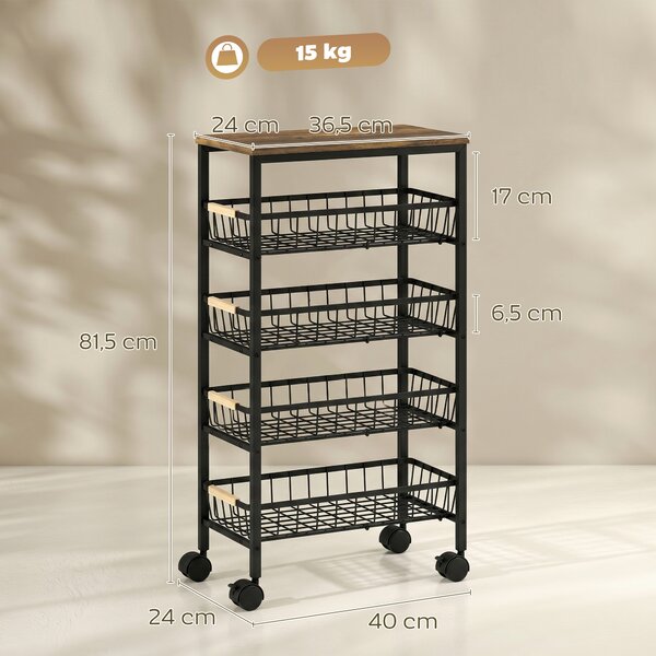 HOMCOM Carrello da cucina con 4 cesti estraibili e ruote, 40x24x81,5 cm, marrone rustico | Aosom Italy