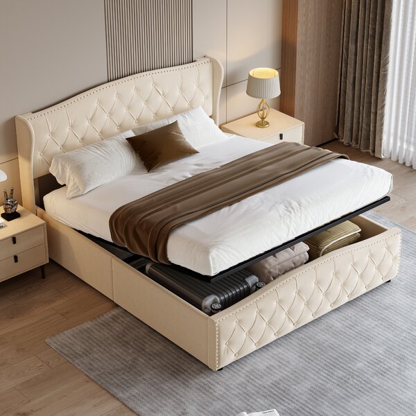 Letto imbottito 140x200cm con rete a doghe, letto a molle idrauliche con rete e contenitore, letto matrimoniale in velluto con contenitore letto funzionale, beige