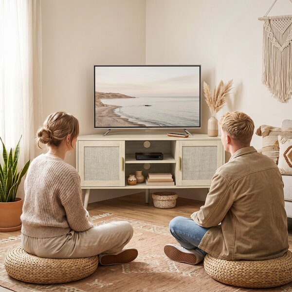 HOMCOM Mobile TV angolare 115 cm con 2 ante in rattan e 2 scomparti, rovere | Aosom Italy