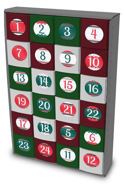 Itenga SET Calendario dell'Avvento da riempire cubo 5cm (esterno grigio) + adesivo Z54 + V15 (verde scuro, rosso scuro, bianco)
