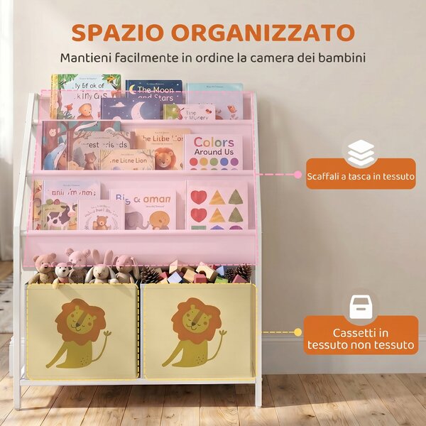 AIYAPLAY Libreria Montessori 3-8 anni con 4 ripiani, 2 contenitori e stampa leone, bianco | Aosom Italy