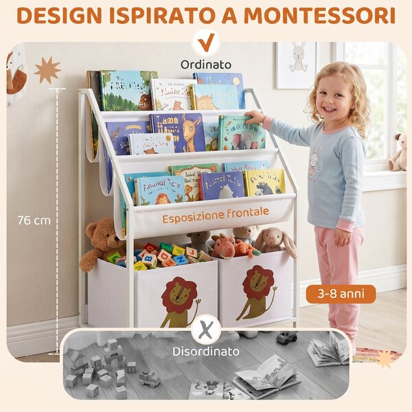 AIYAPLAY Libreria Montessori 3-8 anni con 4 ripiani, 2 contenitori e stampa leone, bianco | Aosom Italy