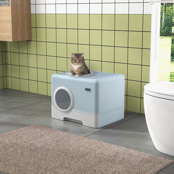 PawHut Lettiera per Gatti Coperto con Paletta Vassoio Estraibile Ingresso Frontale e Uscita Superiore 52x41x38,5 cm Blu | Aosom Italy