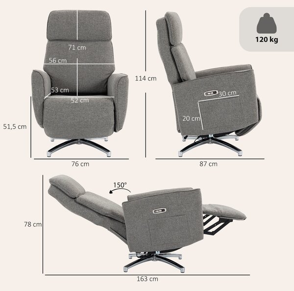 HOMCOM Poltrona relax elettrica girevole e reclinabile in tessuto con poggiatesta e USB, grigio | Aosom Italy