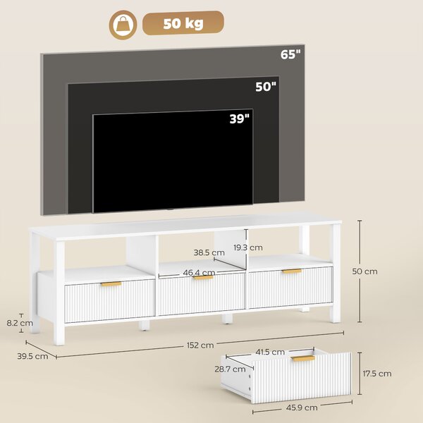 HOMCOM Mobile TV 152 cm, mobile per televisore 165,1 cm con 3 cassetti e 3 ripiani aperti, 152x39,5x50cm, bianco | Aosom Italy