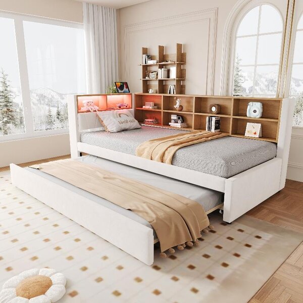 Divano letto 90x200 cm con letto estraibile 90x190 cm, rivestito in flanella beige, dotato di illuminazione LED, porta USB-C, presa di corrente e vani portaoggetti