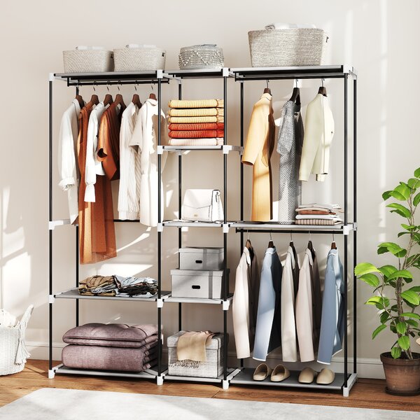 HOMCOM Armadio per Abiti Aperto con 8 Ripiani in Tessuto, Barre Appendiabiti e Struttura in Metallo, 182x43x185 cm, Grigio Chiaro | Aosom Italy