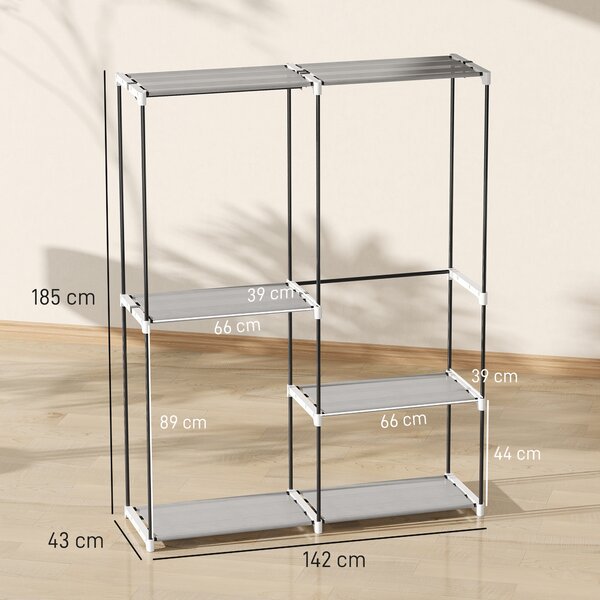 HOMCOM Armadio per Abiti Armadio Aperto con 4 Ripiani in Tessuto 3 Barre per Appendere Struttura in Metallo 142x43x185 cm Grigio Chiaro | Aosom Italy