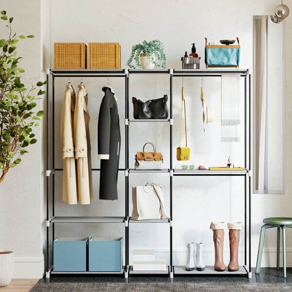 HOMCOM Armadio per Abiti Aperto con 8 Ripiani in Tessuto, Barre Appendiabiti e Struttura in Metallo, 182x43x185 cm, Grigio Chiaro | Aosom Italy