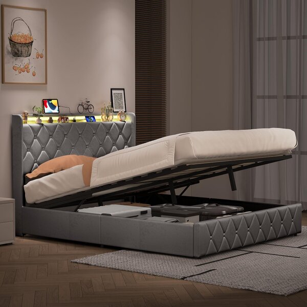 Letto imbottito REMZETTA, 160 x 200 cm, letto matrimoniale con contenitore e meccanismo di sollevamento idraulico, testiera imbottita, tessuto velluto, colore grigio