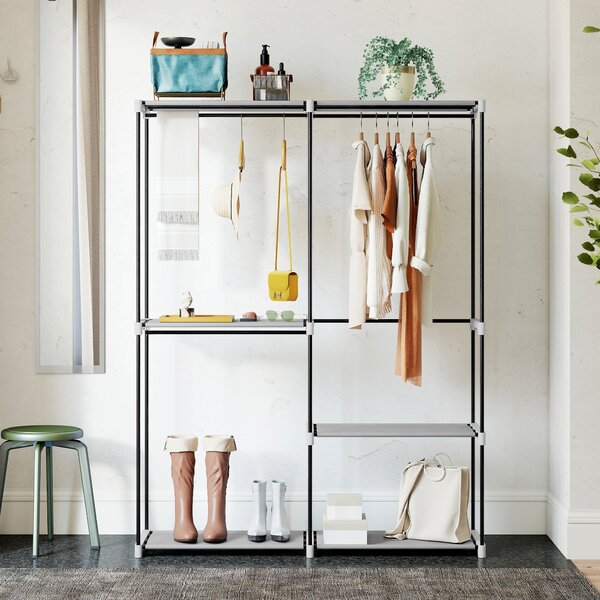 HOMCOM Armadio per Abiti Armadio Aperto con 4 Ripiani in Tessuto 3 Barre per Appendere Struttura in Metallo 142x43x185 cm Grigio Chiaro | Aosom Italy