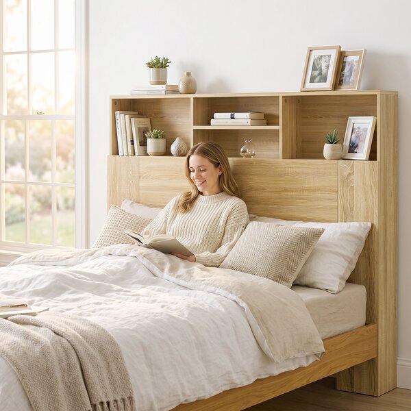HOMCOM Testiera letto 140 cm contenitore con 4 scomparti aperti, rovere | Aosom Italy