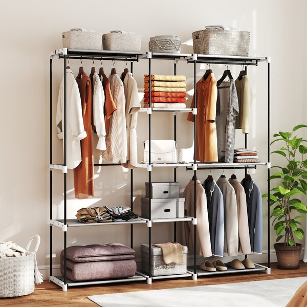 HOMCOM Armadio per Abiti Aperto con 8 Ripiani in Tessuto, Barre Appendiabiti e Struttura in Metallo, 182x43x185 cm, Grigio Chiaro | Aosom Italy