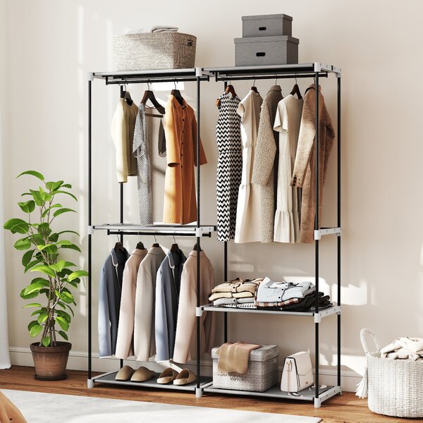 HOMCOM Armadio per Abiti Armadio Aperto con 4 Ripiani in Tessuto 3 Barre per Appendere Struttura in Metallo 142x43x185 cm Grigio Chiaro | Aosom Italy