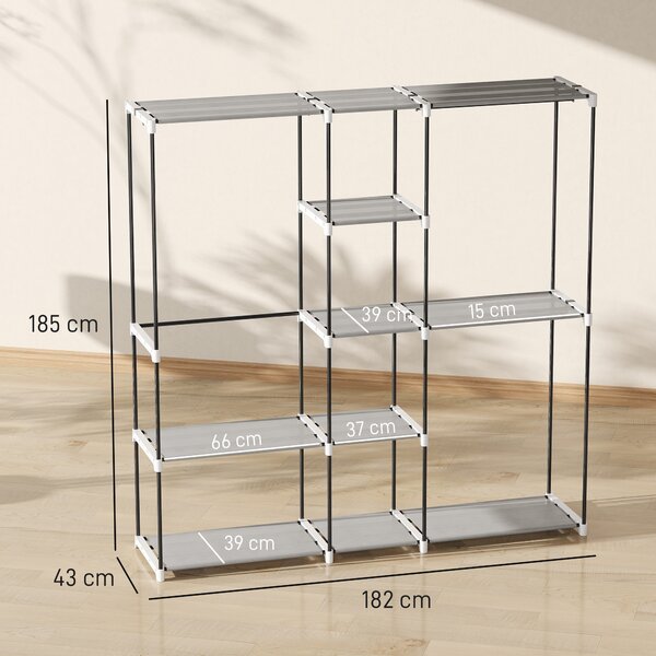 HOMCOM Armadio per Abiti Aperto con 8 Ripiani in Tessuto, Barre Appendiabiti e Struttura in Metallo, 182x43x185 cm, Grigio Chiaro | Aosom Italy