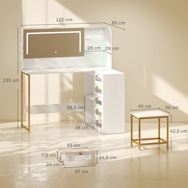 HOMCOM Toeletta da trucco con specchio LED, sgabello, 5 cassetti e 4 scomparti, bianco | Aosom Italy