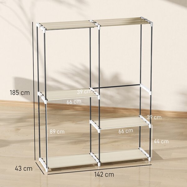 HOMCOM Armadio per Abiti Aperto con 4 Ripiani in Tessuto, 3 Barre per Appendere e Struttura in Metallo 142x43x185 cm Crema | Aosom Italy