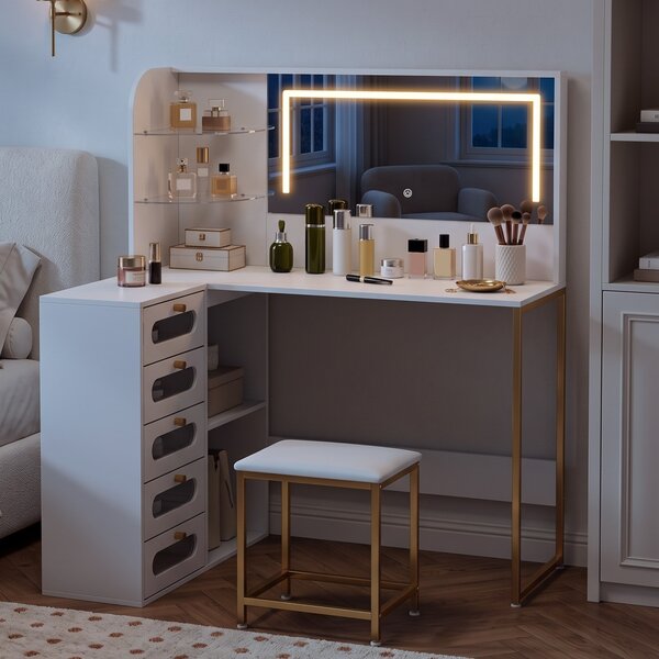 HOMCOM Toeletta da trucco con specchio LED, sgabello, 5 cassetti e 4 scomparti, bianco | Aosom Italy