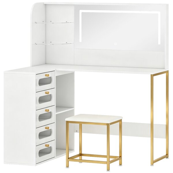 HOMCOM Toeletta da trucco con specchio LED, sgabello, 5 cassetti e 4 scomparti, bianco | Aosom Italy
