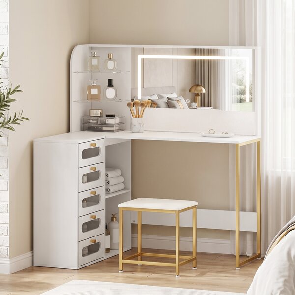 HOMCOM Toeletta da trucco con specchio LED, sgabello, 5 cassetti e 4 scomparti, bianco | Aosom Italy