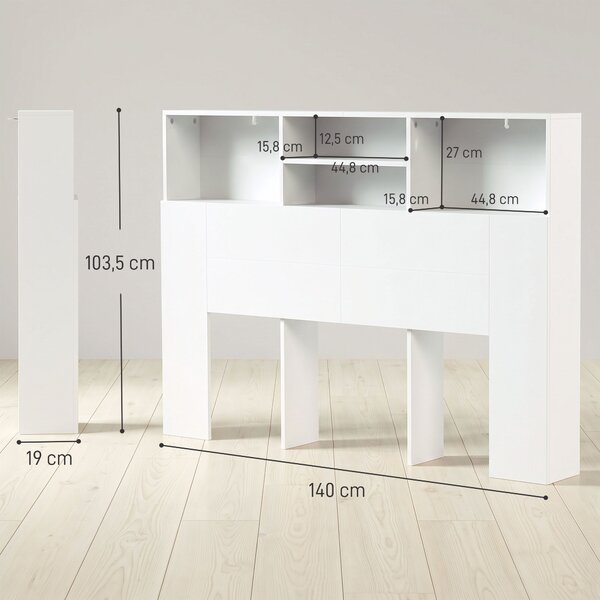 HOMCOM Testiera letto 140 cm contenitore con 4 scomparti aperti, bianco | Aosom Italy