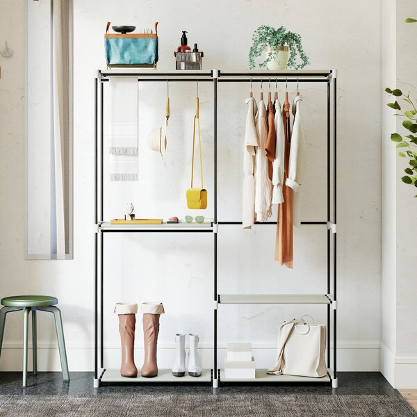 HOMCOM Armadio per Abiti Aperto con 4 Ripiani in Tessuto, 3 Barre per Appendere e Struttura in Metallo 142x43x185 cm Crema | Aosom Italy