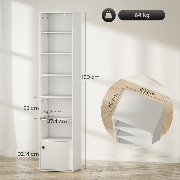 HOMCOM Libreria a 7 Livelli in Stile Moderno con Ripiani Aperti e Anta 40x30x180 cm Bianco | Aosom Italy