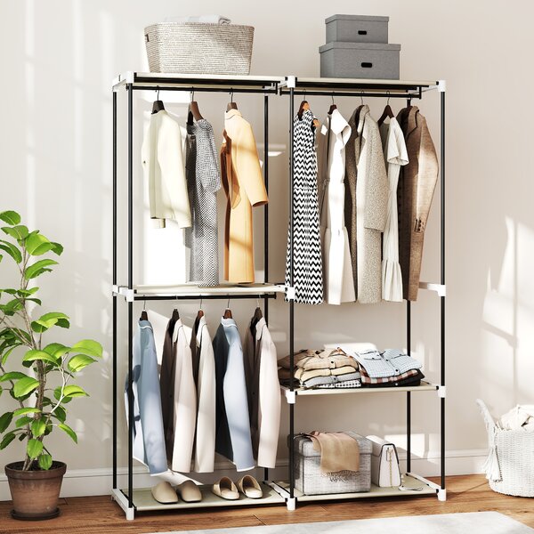 HOMCOM Armadio per Abiti Aperto con 4 Ripiani in Tessuto, 3 Barre per Appendere e Struttura in Metallo 142x43x185 cm Crema | Aosom Italy