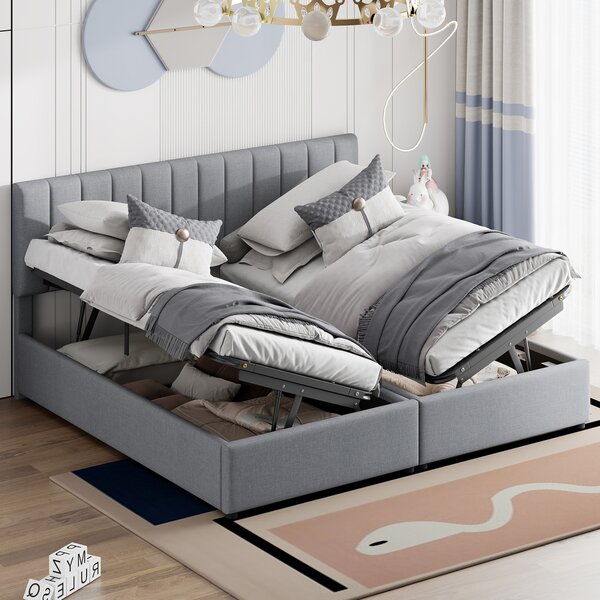 Letto imbottito Fortuna Lai 180x200 cm, H, letto matrimoniale con contenitore, letto funzionale idraulico, letto matrimoniale multifunzionale, per adulti e ragazzi, lino, grigio