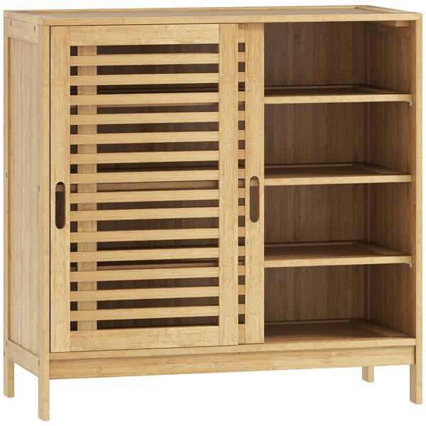 HOMCOM Scarpiera con 2 Ante Scorrevoli a Listelli Ripiani Regolabili per 16 Paia di Scarpe 80x35x80 cm Naturale | Aosom Italy