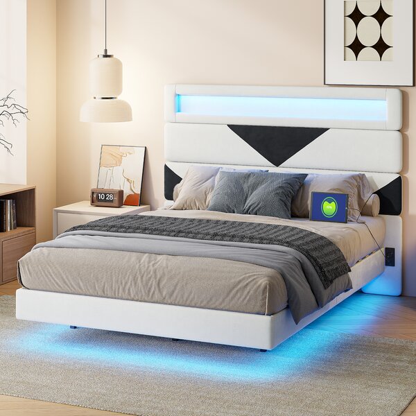 Fortuna Lai letto imbottito 160x200cm con USB, letto per ragazzi letto matrimoniale con LED, letto contenitore letto in legno letto funzionale con testata triangolare, velluto, bianco e nero