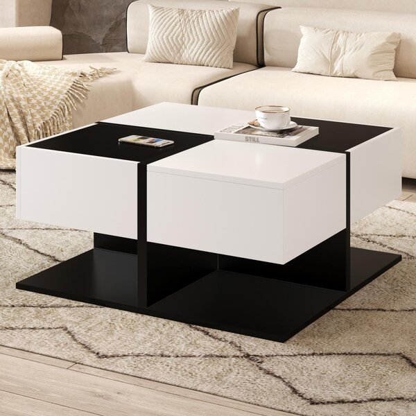 Fortuna Lai Tavolino moderno bianco nero 70x70x35,5 cm - Tavolino da salotto quadrato con 2 cassetti e spazio di archiviazione, tavolino lucido con guide morbide per cassetti
