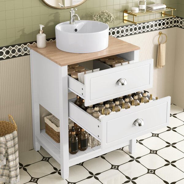 Fortuna Lai Mobile bagno con lavabo in Vetroceramica rotondo – Lavabo singolo con 2 cassetti e ripiano aperto – Mobile bagno con lavabo in bianco e effetto legno