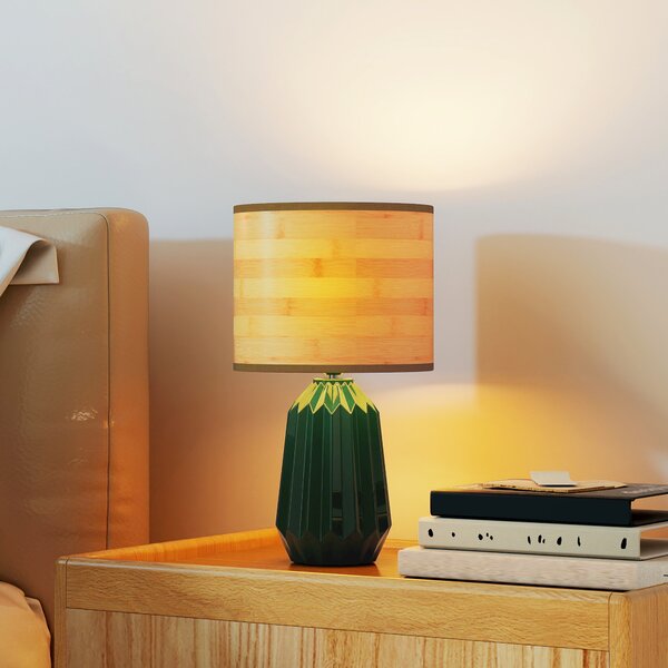 HOMCOM Lampada da Tavolo con Base in Ceramica e Paralume in Lino Stile Retrò per Camera 40W Verde e Legno Naturale | Aosom Italy