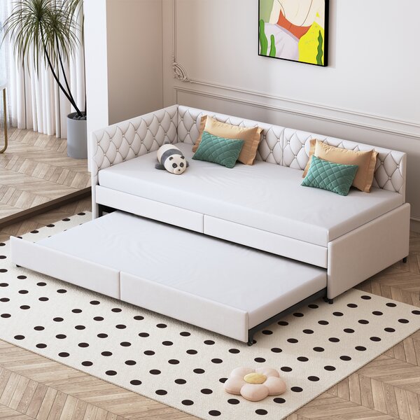 Letto imbottito Fortuna Lai Divano letto allungabile 2*90 x 200 cm con rete a doghe, letto multifunzionale in tessuto vellutato delicato sulla pelle Beige