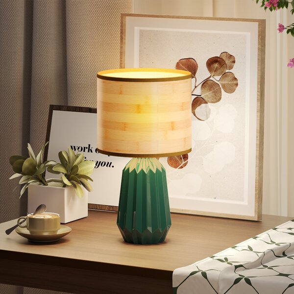 HOMCOM Lampada da Tavolo con Base in Ceramica e Paralume in Lino Stile Retrò per Camera 40W Verde e Legno Naturale | Aosom Italy