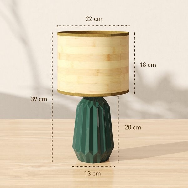 HOMCOM Lampada da Tavolo con Base in Ceramica e Paralume in Lino Stile Retrò per Camera 40W Verde e Legno Naturale | Aosom Italy