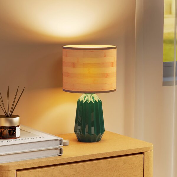 HOMCOM Lampada da Tavolo con Base in Ceramica e Paralume in Lino Stile Retrò per Camera 40W Verde e Legno Naturale | Aosom Italy