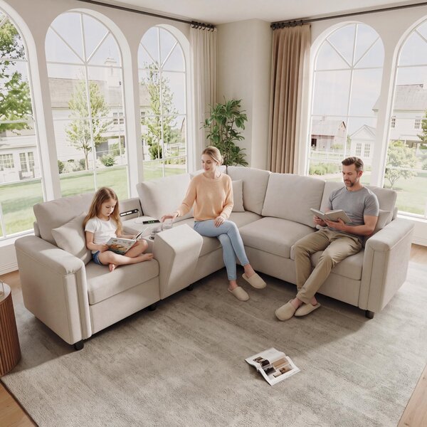 Divano angolare a forma di L in tessuto chenille, dimensioni 235x208x83 cm, 5 posti, color beige, con consolle contenitore, porte USB/Type-C e luci da lettura, ideale per il soggiorno