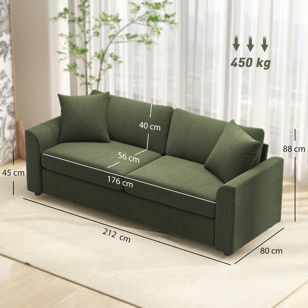 HOMCOM Divano 3 posti 212 cm con 2 cuscini a molle in velluto a coste, verde | Aosom Italy