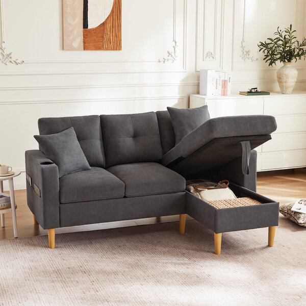 Divano moderno a forma di L Fortuna Lai, divano a 3 posti con chaise longue, vano portaoggetti, portabevande integrato, fornito con 2 cuscini, adatto per soggiorno, ufficio, appartamento, ecc., video disponibile